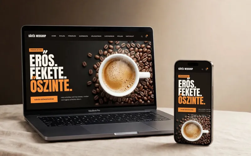 A Kávés Webshop bemutató bolt kezdőlapja laptopon és telefonon