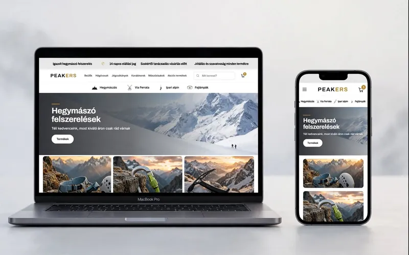 A Peakers webáruház kezdőlapja laptopon és telefonon